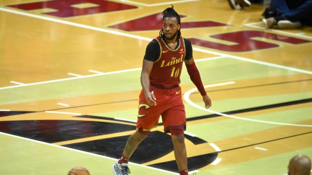 Nov 28, 2023; Cleveland, Ohio, USA; Cleveland Cavaliers guard Darius Garland (10) lets the ball roll on an inbounds play in the fourth quarter against the Atlanta Hawks at Rocket Mortgage FieldHouse.